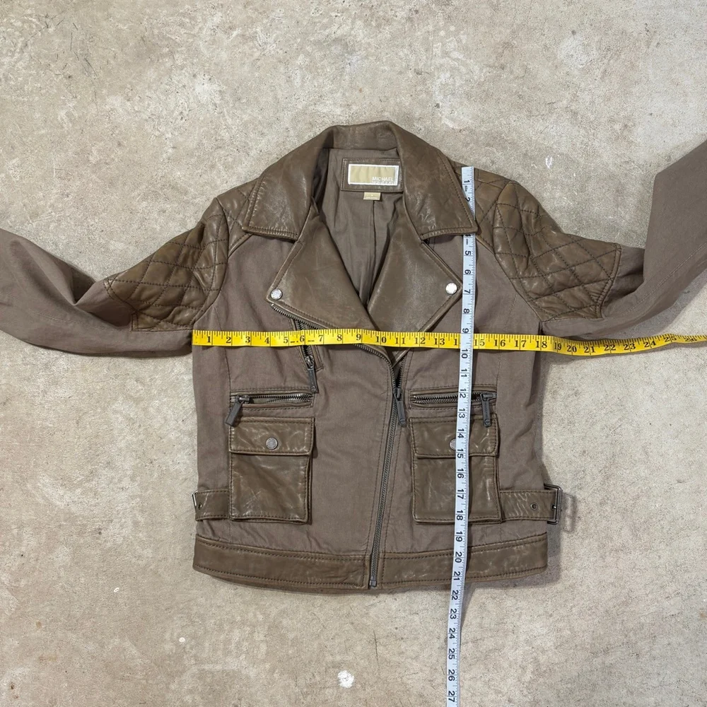 Michael Kors Brown Leather Cotton Moto Jacket Women’s Medium Zippers Pockets